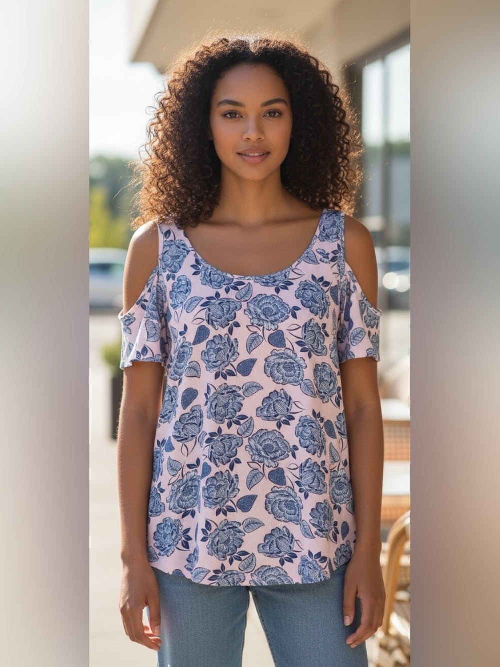 Kut from the Kloth Pink Cold-Shoulder Floral Blouse with Blue Print